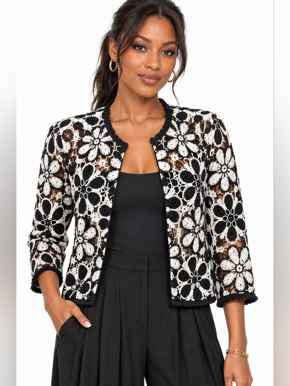 Ramy Brook Daniella Floral Crochet Crop Jacket Black White Size L NWT $495